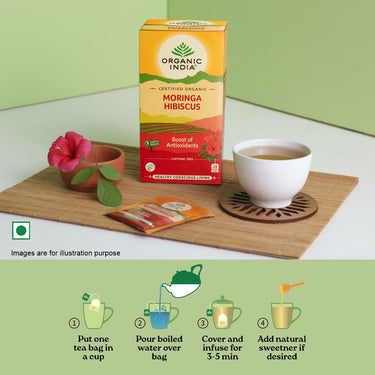 A TATA Product - Organic India Moringa Hibiscus Infusion, 25 Tea Bags, Certified Organic, Antioxidant-Rich, Caffeine-Free, Whole Herb Blend